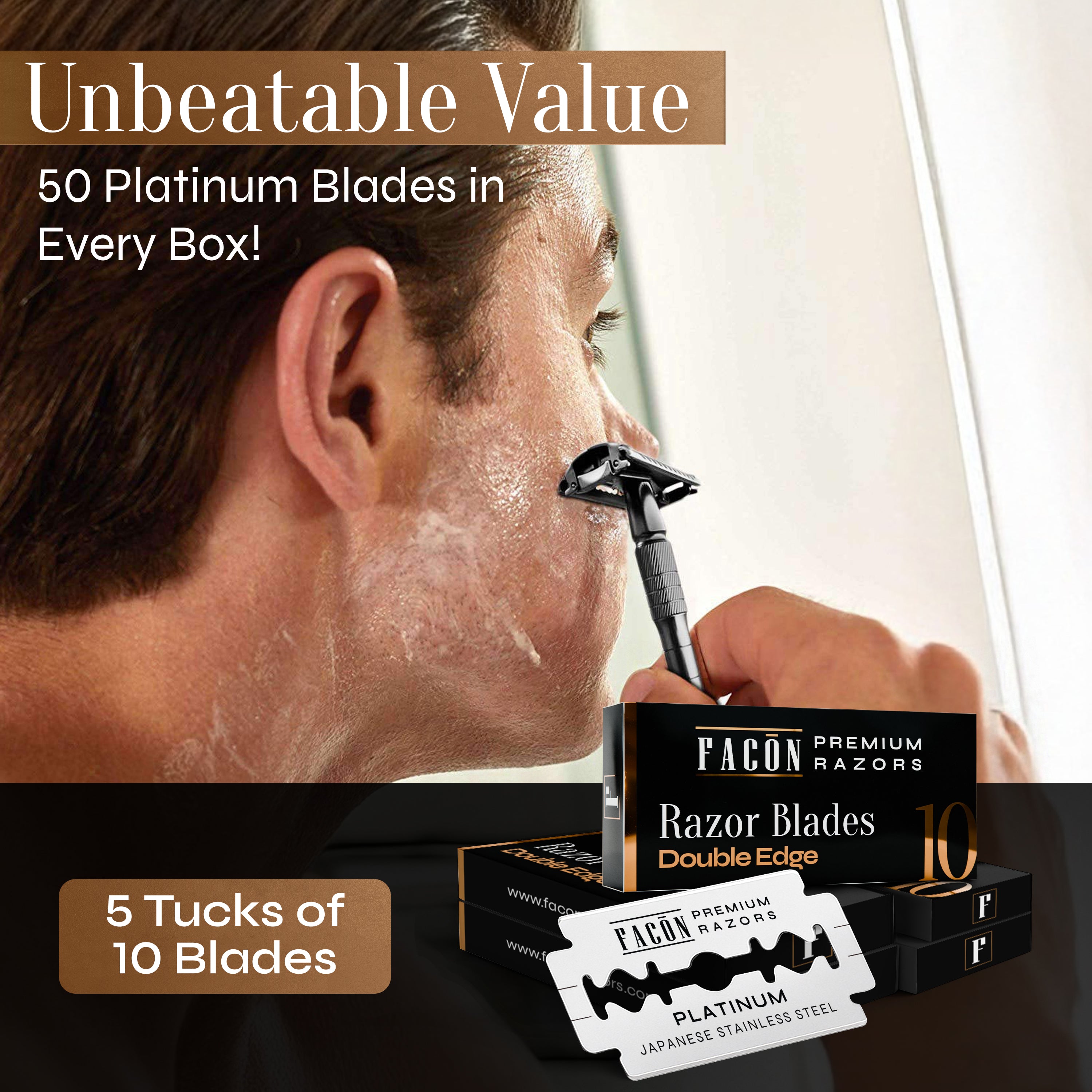 50 Facón Double Edge Razor Blades for Safety Razor, Safety Razor Blades for Shaving, Platinum Japanese Stainless Steel for Smooth & Precise Shave, Premium Replacement Razor Blade for Men & Women