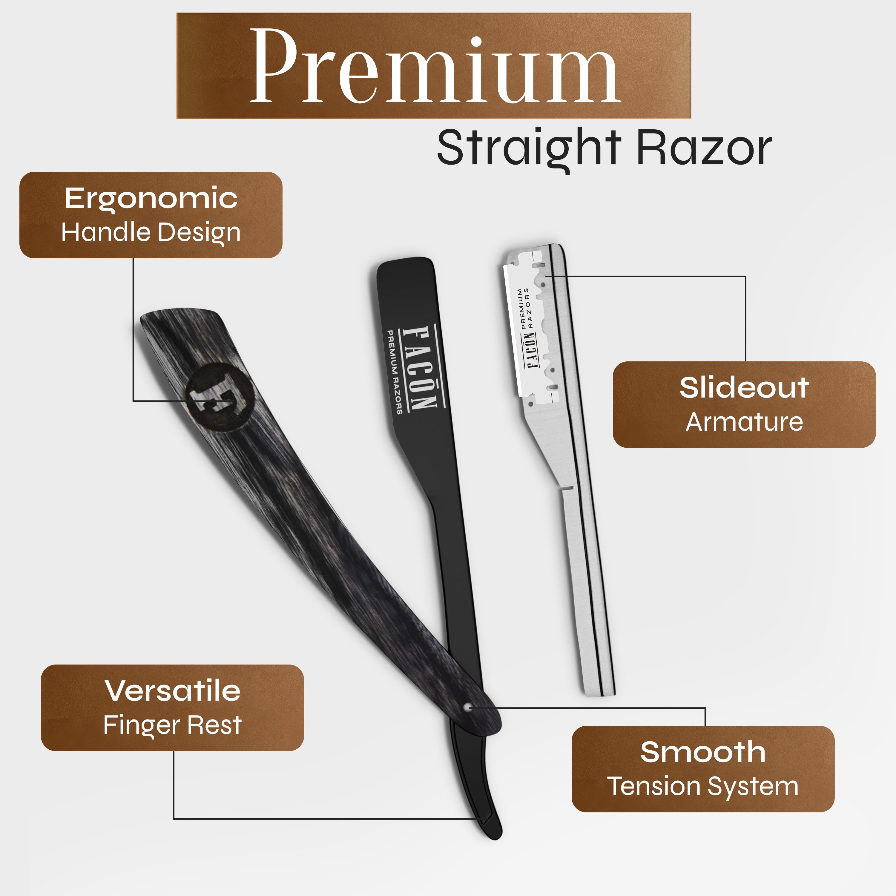 Facón Straight Razors for Men - Professional Barber Straight Edge Razor Kit with 100 Blades, Wooden Stainless Steel Barbero Shaver for a Smooth & Precise Shave, Premium Barber Razor for Men's Shaving