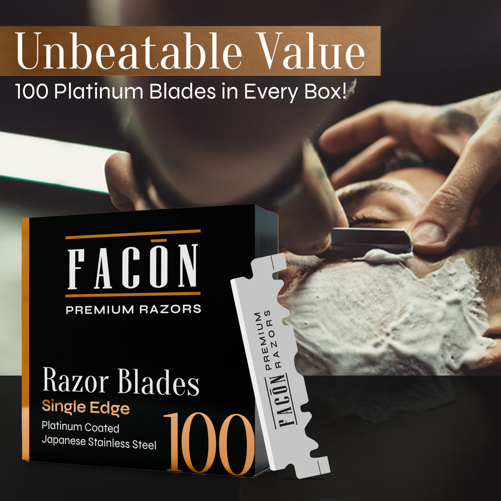 100 Facón Single Edge Razor Blades for Barber Straight Razor, Straight Razor Blades for Shaving, Platinum Japanese Stainless Steel for Smooth & Precise Shave, Premium Replacement Barber Razor Blade