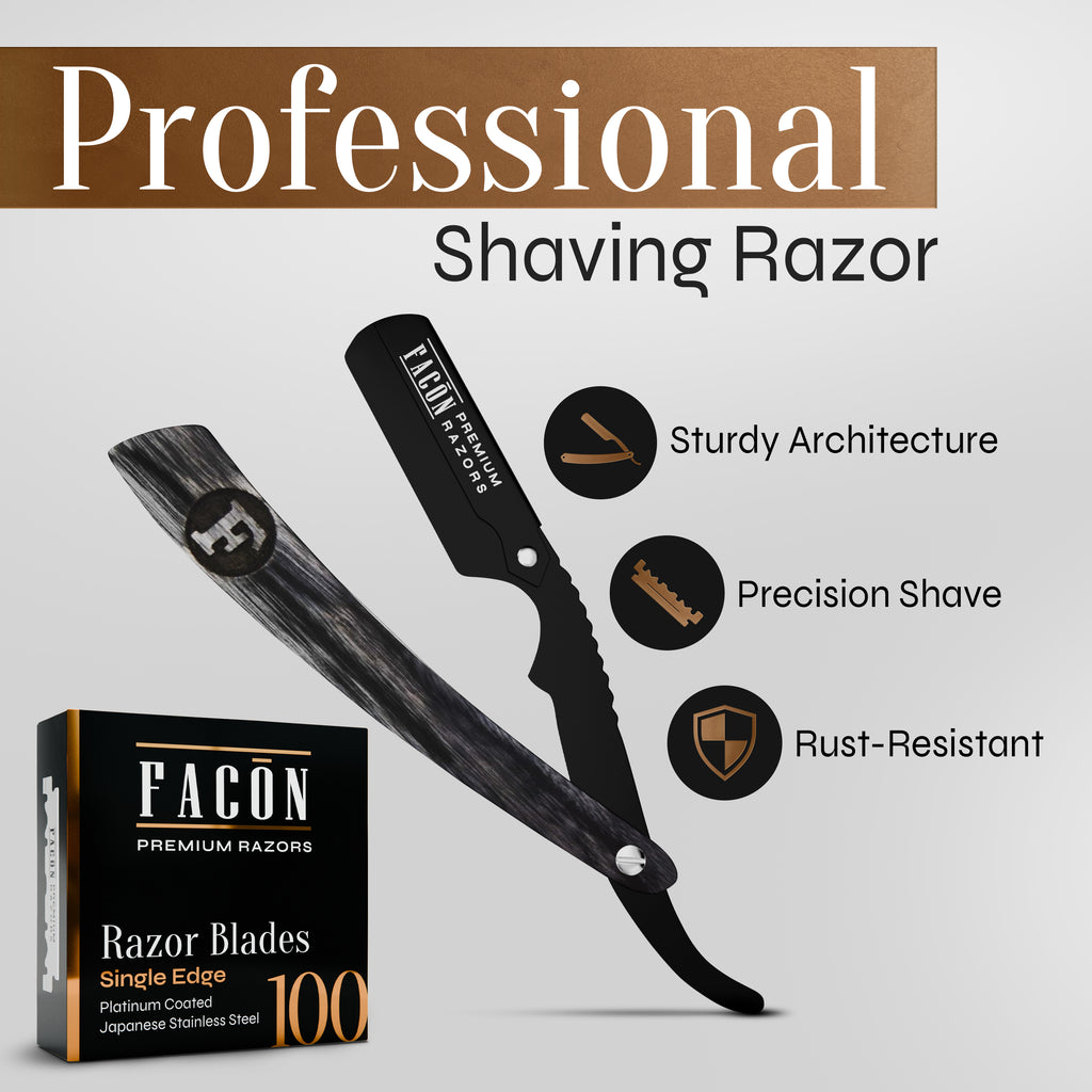 Facón Straight Razors for Men - Professional Barber Straight Edge Razor Kit with 100 Blades, Wooden Stainless Steel Barbero Shaver for a Smooth & Precise Shave, Premium Barber Razor for Men's Shaving