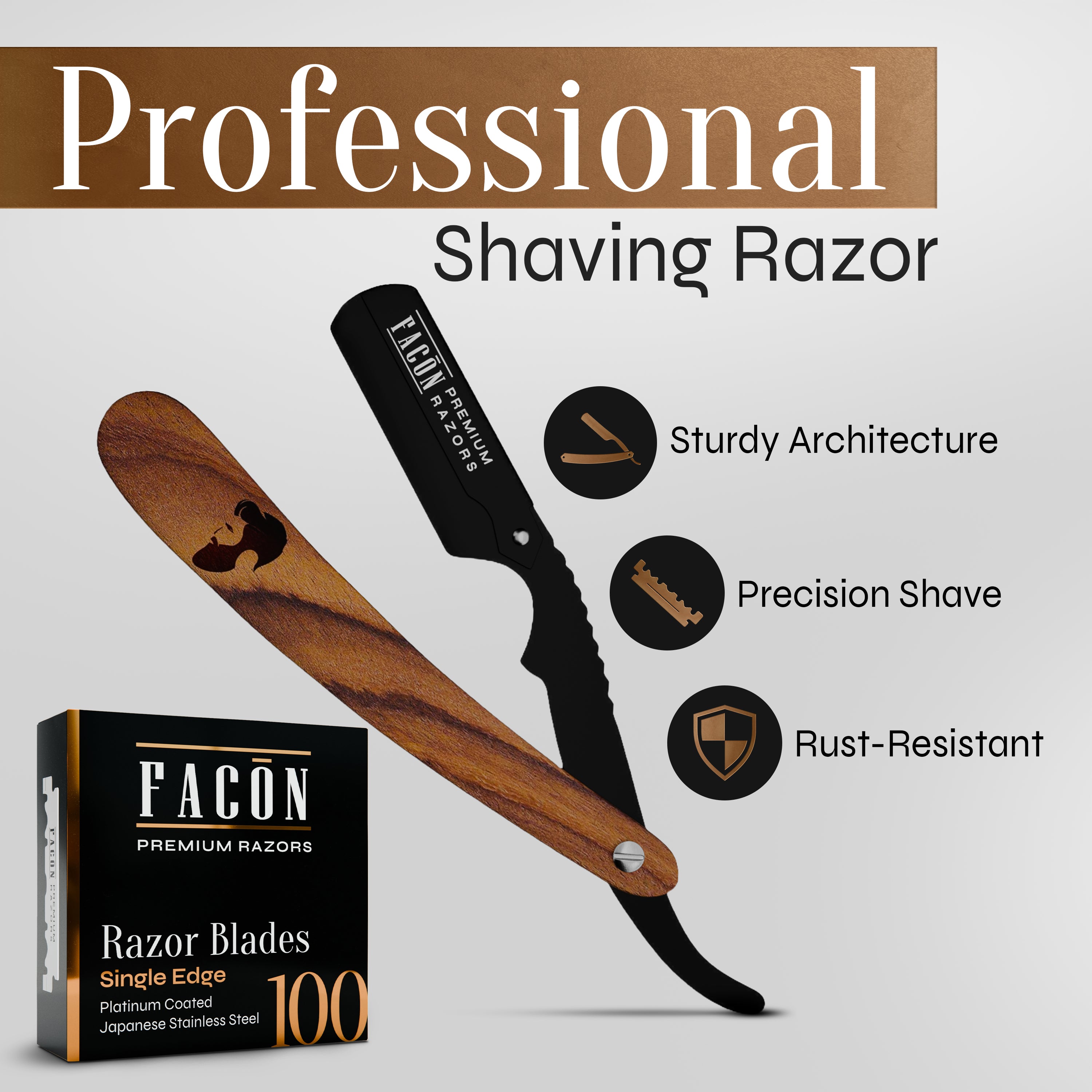 Facón Straight Razors for Men - Professional Barber Straight Edge Razor Kit with 100 Blades, Wooden Stainless Steel Barbero Shaver for a Smooth & Precise Shave, Premium Barber Razor for Men's Shaving