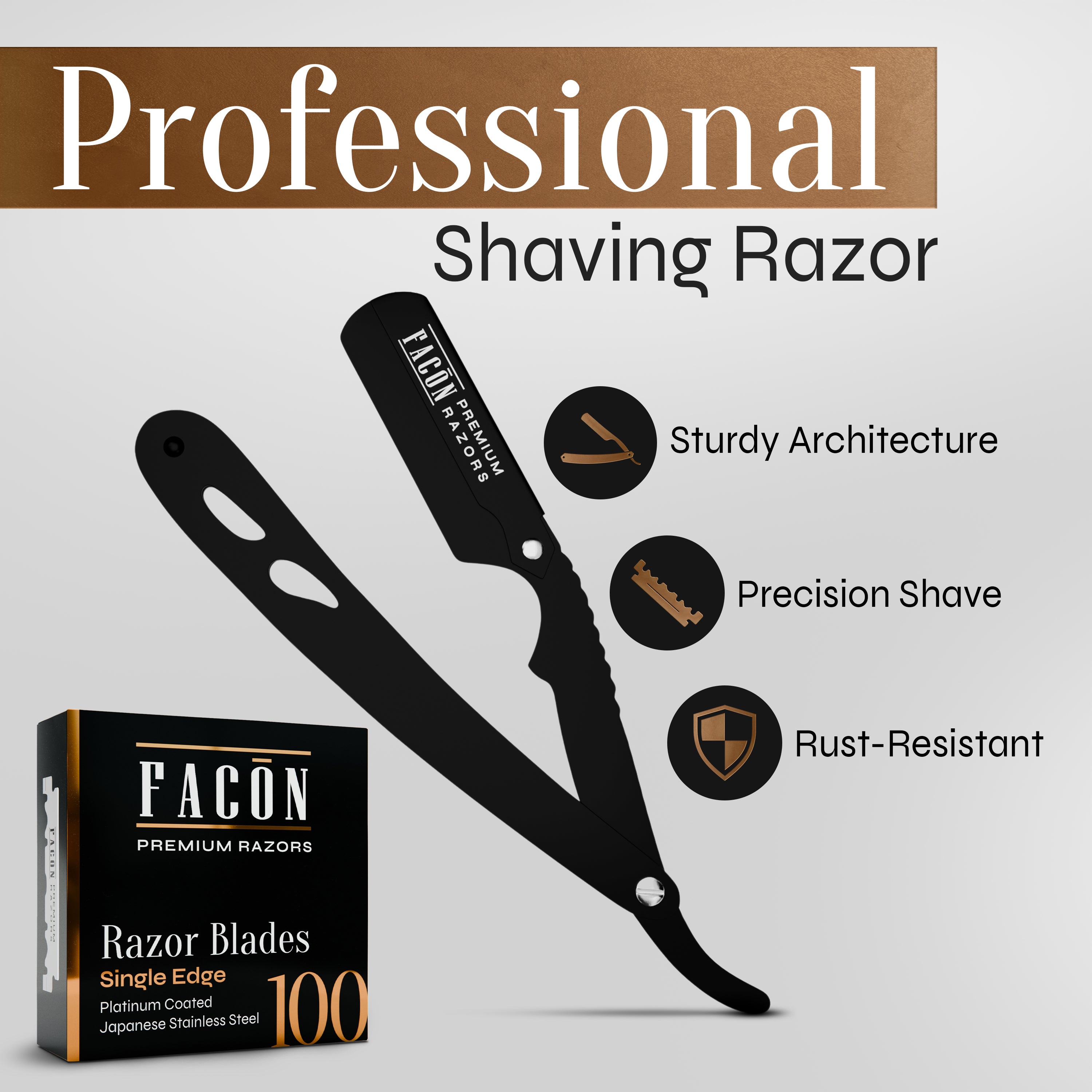 Facón Straight Razors for Men - Professional Barber Straight Edge Razor Kit with 100 Blades, Classic Stainless Steel Barbero Shaver for a Smooth & Precise Shave, Premium Barber Razor for Men's Shaving