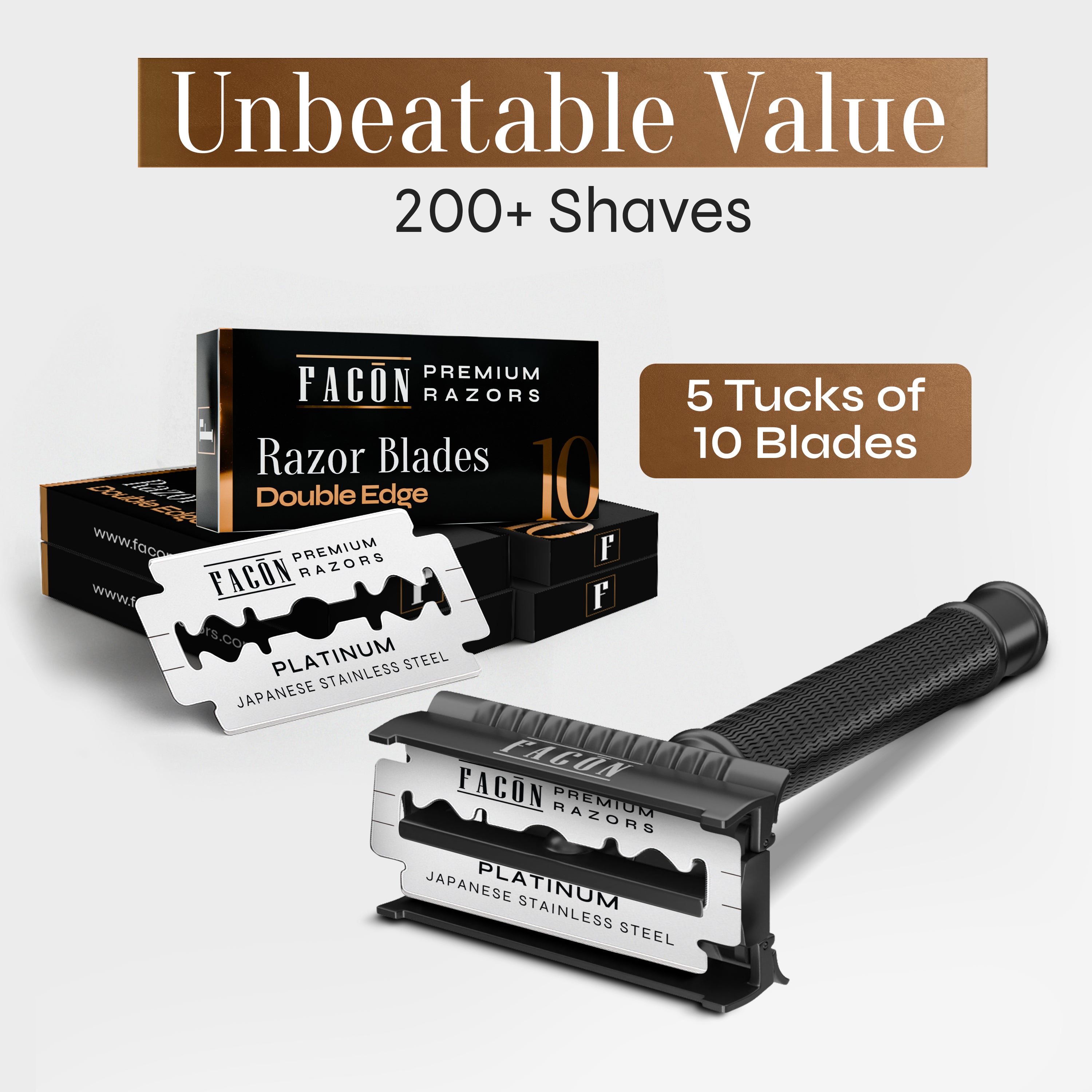 Facón Double Edge Safety Razor for Men & Women - Butterfly Open Stainless Steel Razor w/ 50 Platinum Double Edge Safety Razor Blades, Single Blade Razor for Smooth Close Shave, Reusable & Eco-Friendly