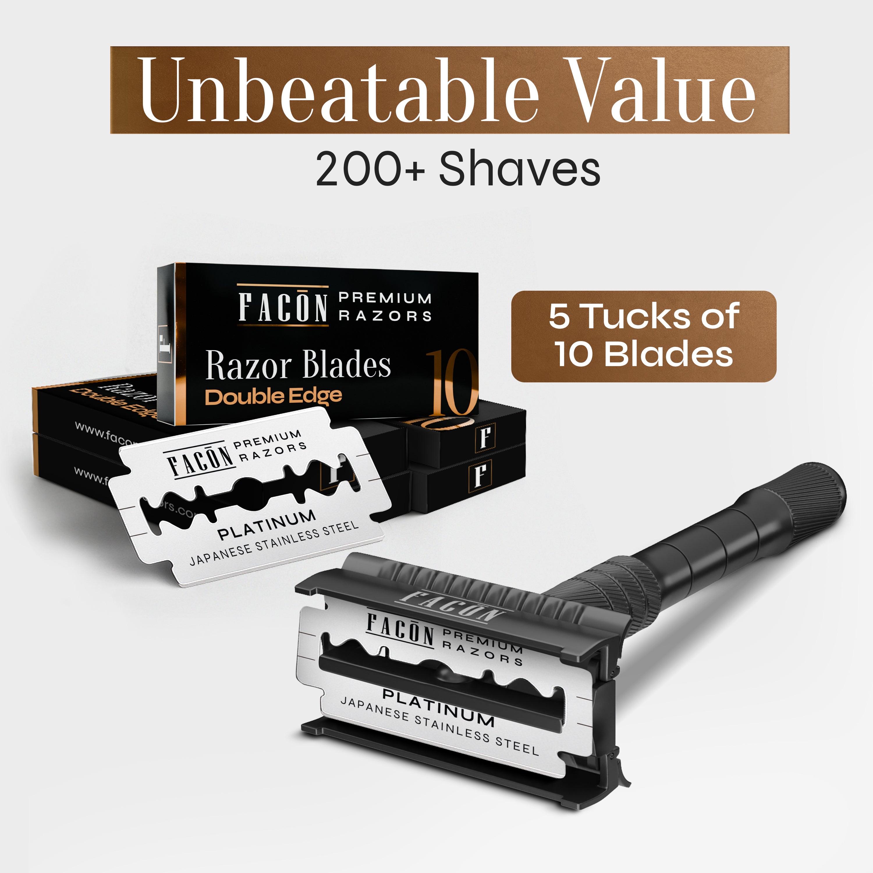 Facón Double Edge Safety Razor for Men & Women - Butterfly Open Stainless Steel Razor w/ 50 Platinum Double Edge Safety Razor Blades, Single Blade Razor for Smooth Close Shave, Reusable & Eco-Friendly