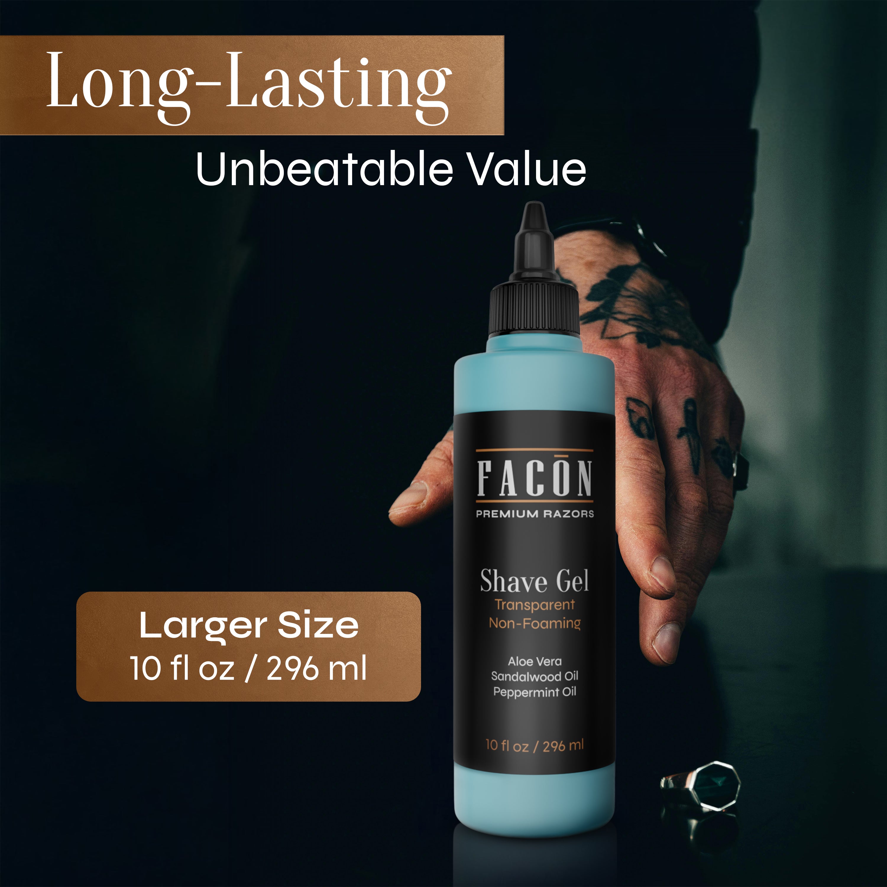 Facón Transparent Shaving Gel for Men w/Aloe Vera, Cooling Menthol, Peppermint & Sandalwood Oil Scent – Clear Non Foaming Straight Razor Shave Gel, Barber Shaving Gel to Prevent Razor Bumps, 10 fl oz