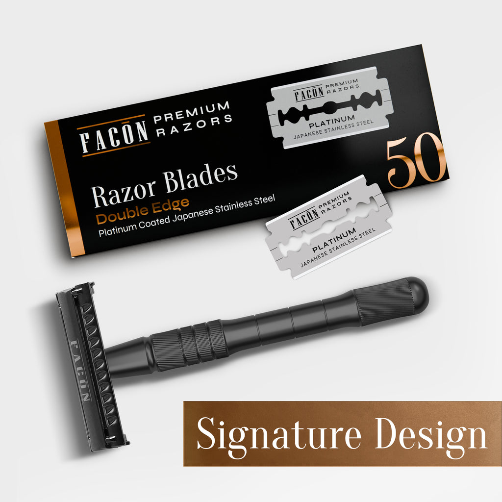 Facón Double Edge Safety Razor for Men & Women - Butterfly Open Stainless Steel Razor w/ 50 Platinum Double Edge Safety Razor Blades, Single Blade Razor for Smooth Close Shave, Reusable & Eco-Friendly