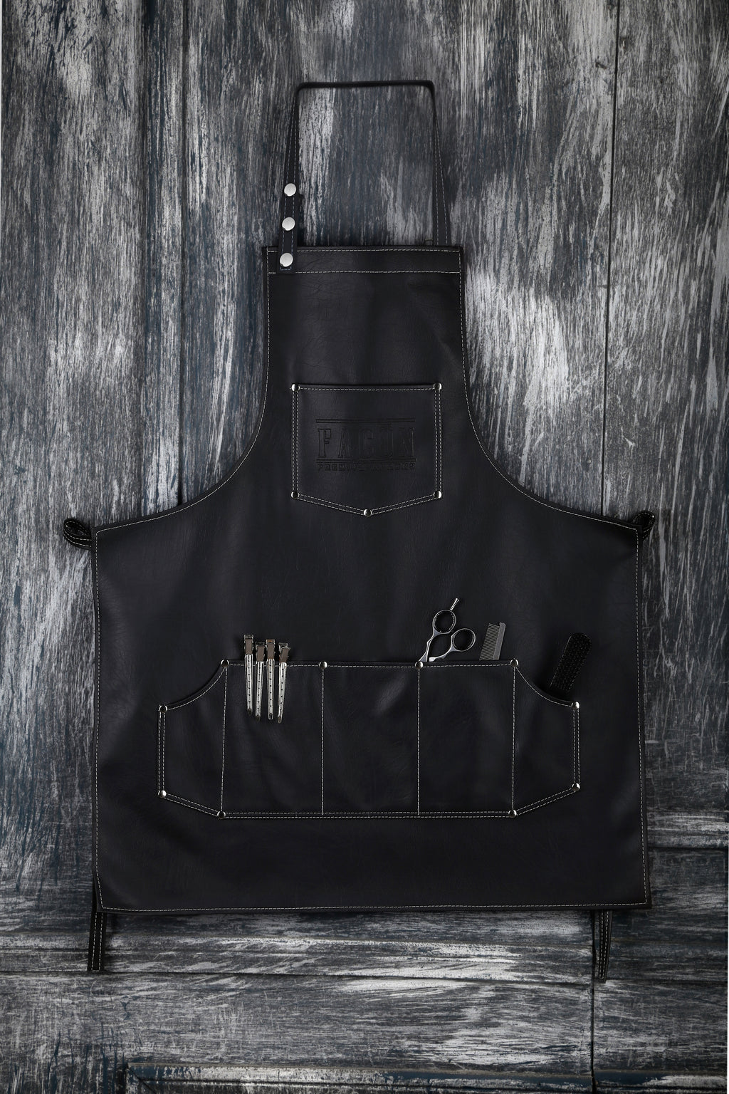 Facón Professional Leather Hair Cutting Hairdressing Barber Apron Cape for Salon Hairstylist - Multi-use, Adjustable with 6 Pockets - Heavy Duty Premium Quality - Limited Edition - 28" x 24" (Black)