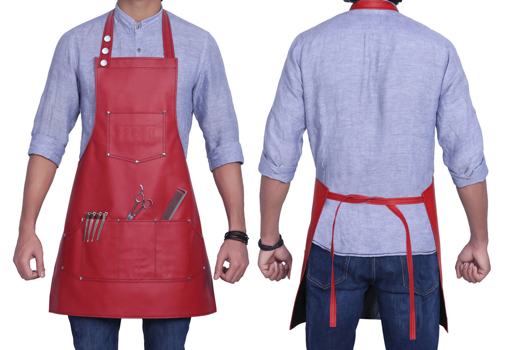 Facón Professional Leather Hair Cutting Hairdressing Barber Apron Cape for Salon Hairstylist - Multi-use, Adjustable with 6 Pockets - Heavy Duty Premium Quality - Limited Edition - 28" x 24" (Red)