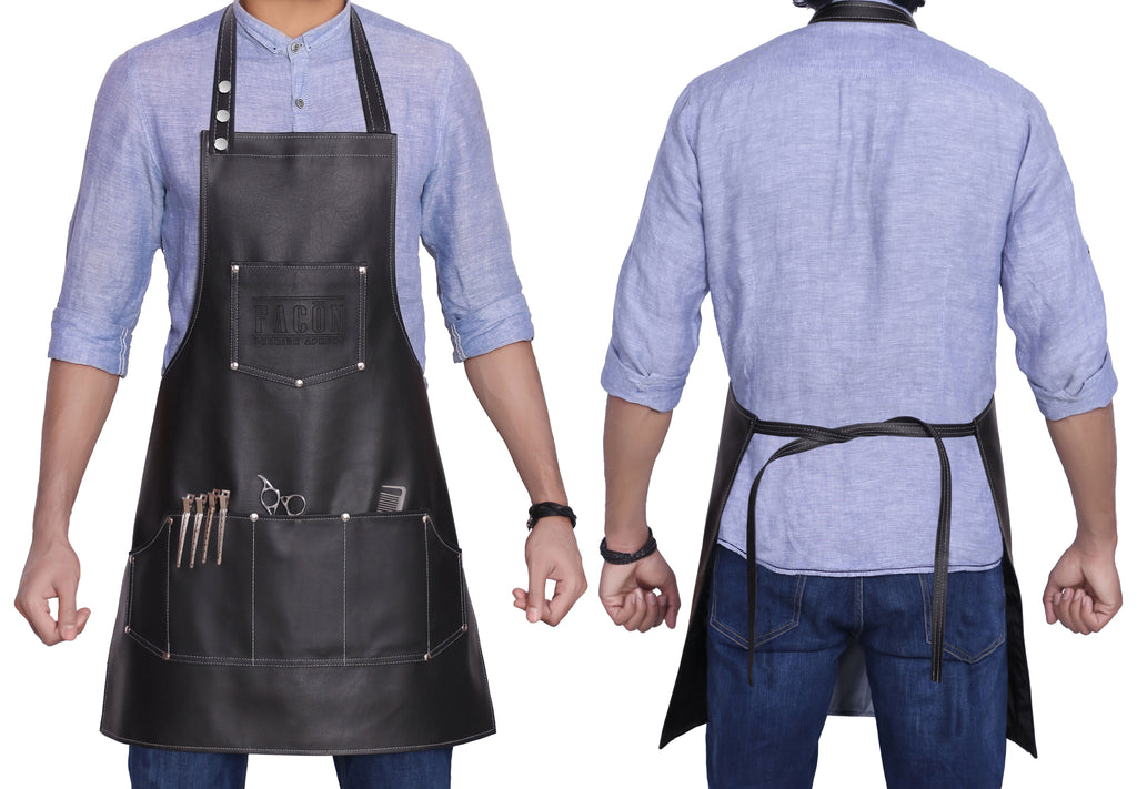 Facón Professional Leather Hair Cutting Hairdressing Barber Apron Cape for Salon Hairstylist - Multi-use, Adjustable with 6 Pockets - Heavy Duty Premium Quality - Limited Edition - 28" x 24" (Black)