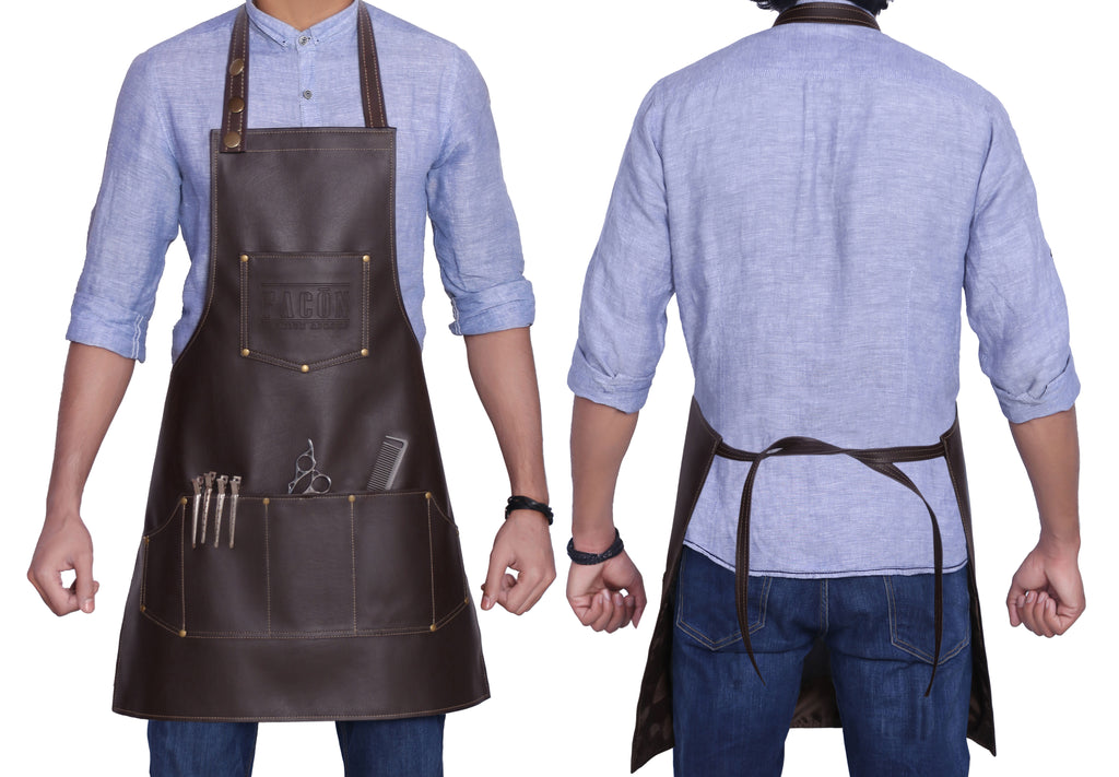 Facón Professional Leather Hair Cutting Hairdressing Barber Apron Cape for Salon Hairstylist - Multi-use, Adjustable with 6 pockets - Heavy Duty Premium Quality - Limited Edition - 28" x 24" (Brown)