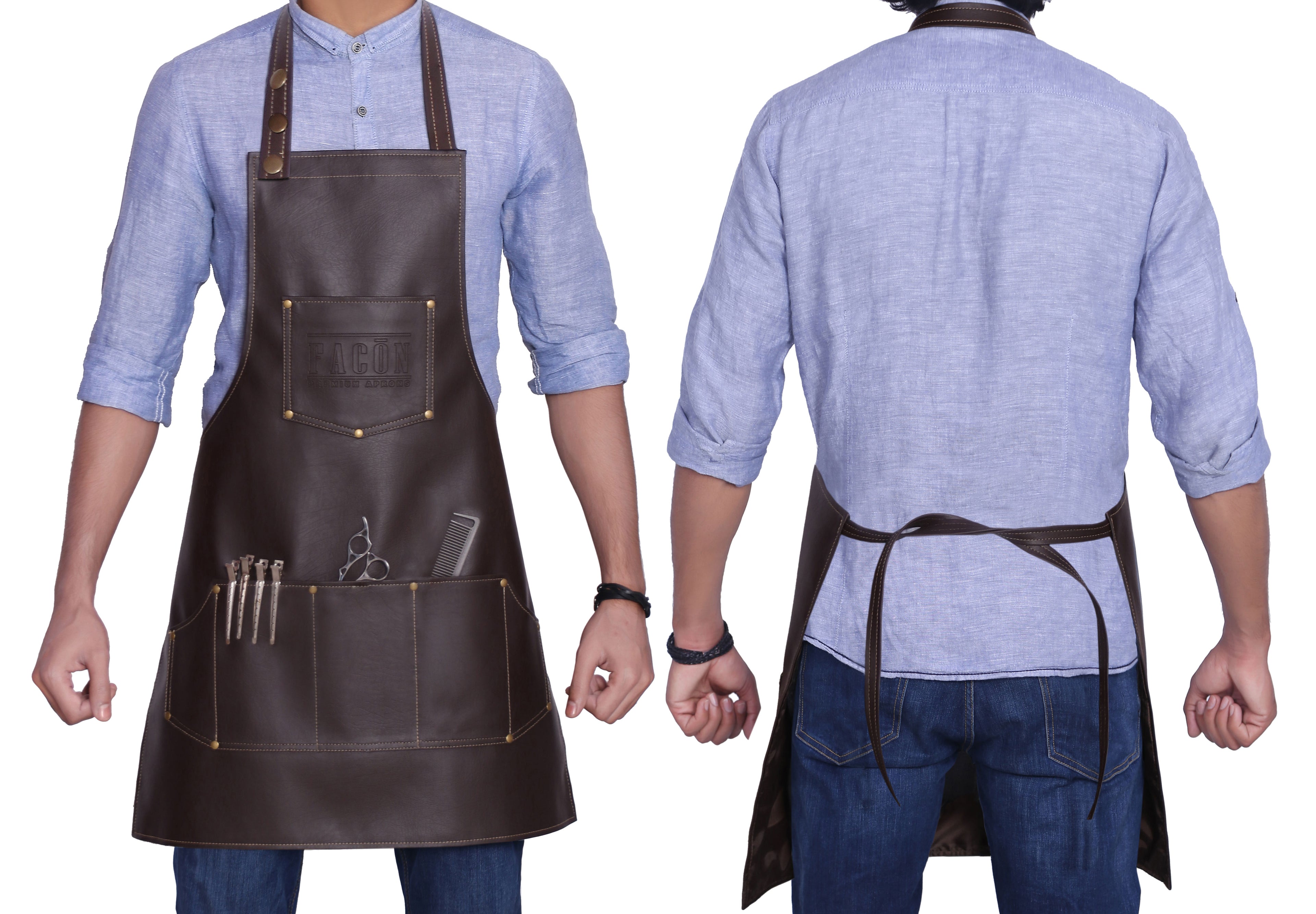 Facón Professional Leather Hair Cutting Hairdressing Barber Apron Cape for Salon Hairstylist - Multi-use, Adjustable with 6 pockets - Heavy Duty Premium Quality - Limited Edition - 28" x 24" (Brown)