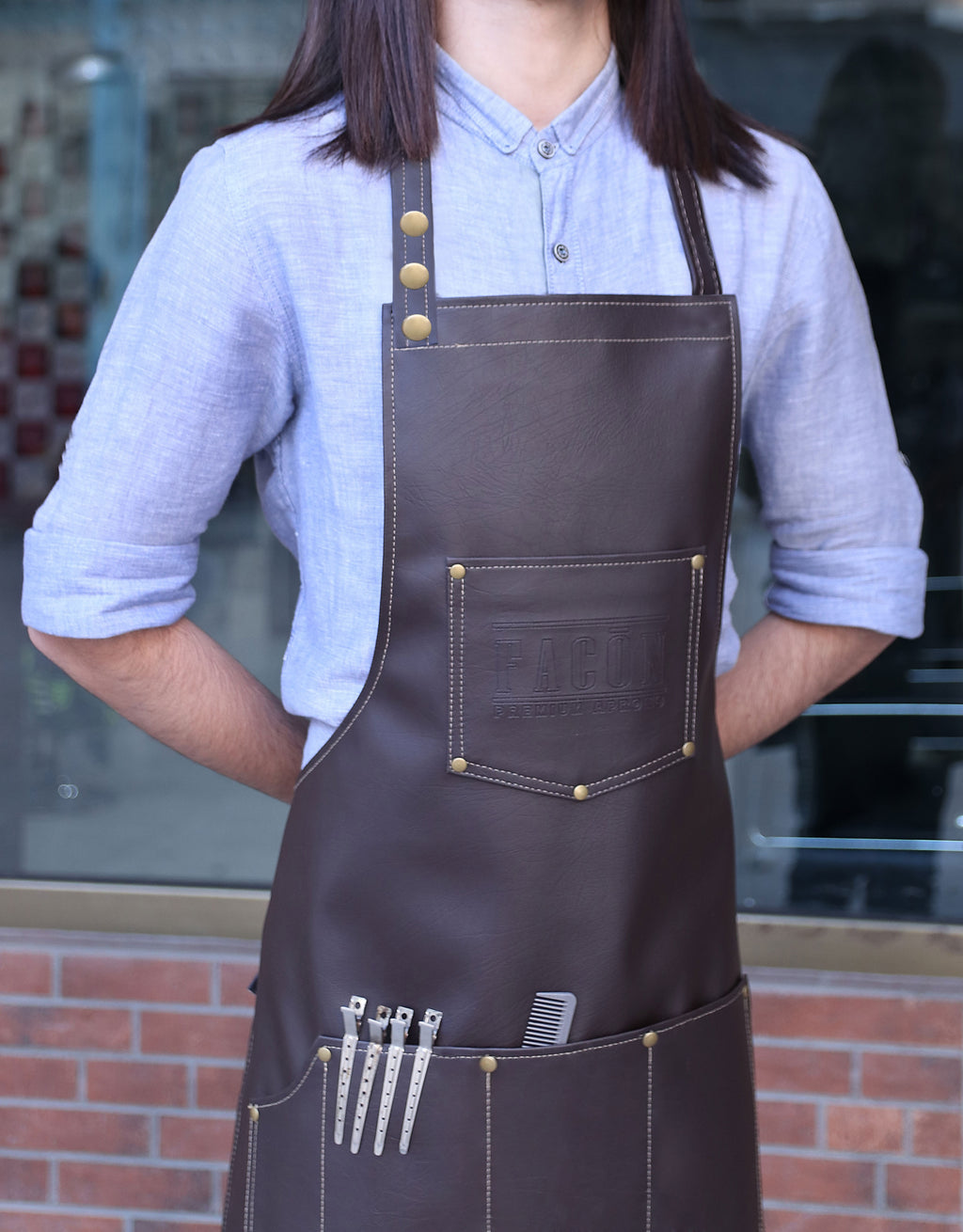 Facón Professional Leather Hair Cutting Hairdressing Barber Apron Cape for Salon Hairstylist - Multi-use, Adjustable with 6 pockets - Heavy Duty Premium Quality - Limited Edition - 28" x 24" (Brown)