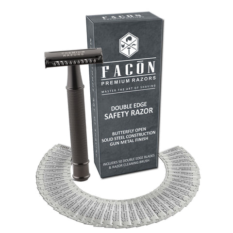 50 BLADES + Facón Vintage Long Handle Double Edge Safety Razor - Platinum Japanese Stainless Steel Blades - Butterfly Open Shaving Razor for Smooth Wet Shaving Experience - 200+ Shaves (The Spartacus)