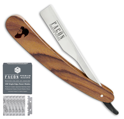 100 BLADES + Facón Professional Wooden Straight Edge Barber Razor - Salon Quality Cut Throat Shavette (The Hustler)