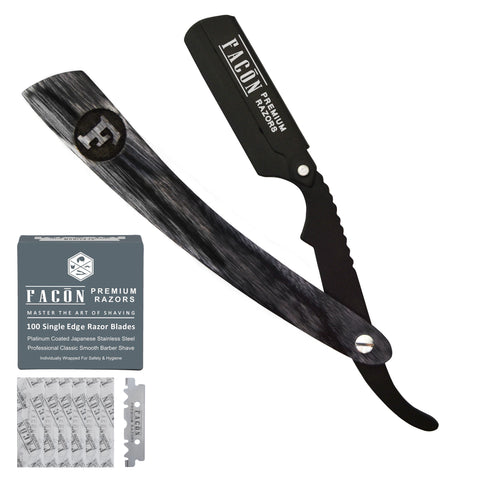 100 BLADES + Facón Professional Wooden Straight Edge Barber Razor - Salon Quality Cut Throat Shavette (The Warrior)